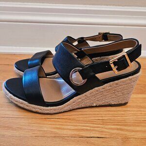 Vionic Tulum Vero Black Leather Open Toe Wedge Espadrille Sandal- size 8.5